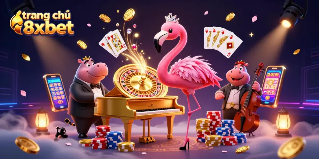 Experience the vibrant trang chủ 8xbet scene with a flamingo singer, hippo bassist, and a dynamic casino atmosphere.