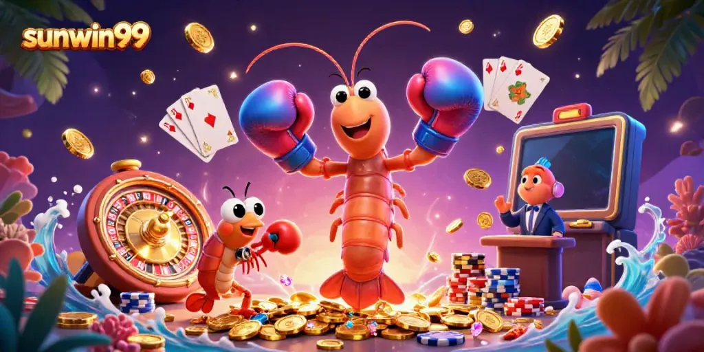 Unleash winnings with sunwin99: A vibrant 3D scene depicting lively casino elements and unique ocean-themed characters