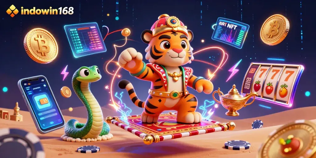 Spin and win with indowin168's thrilling slot games amidst a magical desert backdrop.