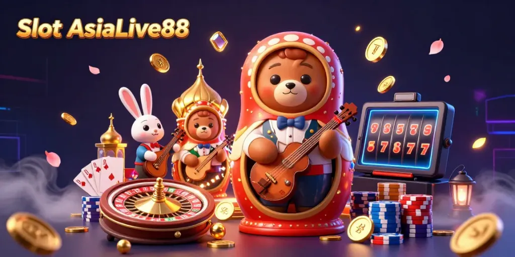 Experience the excitement of Slot AsiaLive88 with vibrant bears and casino games, surrounded by sparkling gems and coins.