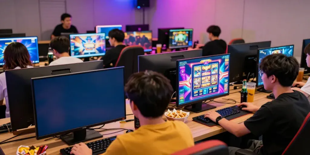 Gaming enthusiasts enjoying slot gacor gampang menang in a vibrant lounge atmosphere.