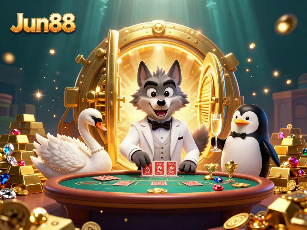 Experience the excitement at Jun88's baccarat table featuring a debonair wolf, elegant swan dealer, and classy penguin sommelier.