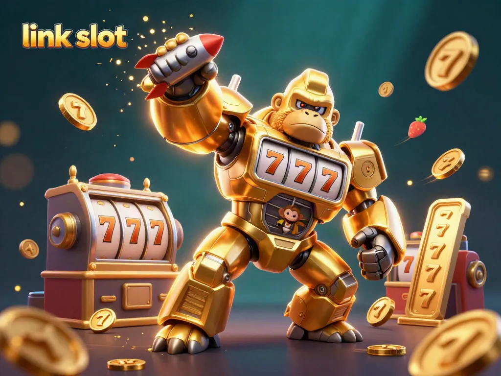 Experience the thrill of link slot games with a dynamic 3D illustration showcasing vibrant slot machine elements.