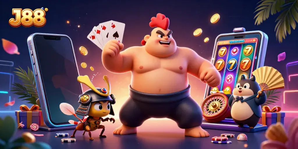 Experience J88 excitement with vibrant 3D characters and dynamic casino elements in this colorful gambling scene.