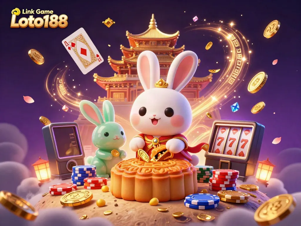Engage with Link Game Loto188 in a vibrant casino world filled with animated characters, festive elements, and casino games.