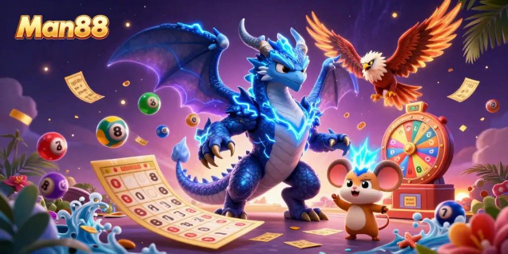 Experience the thrilling world of Man88 with dazzling characters and casino elements, bringing excitement to players.