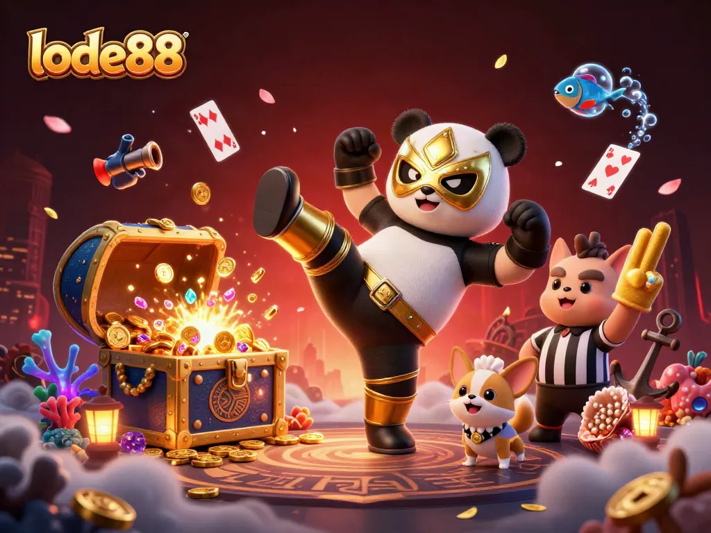 Lode88 enhances excitement with a vibrant illustration of a wrestler panda, dynamic casino symbols, and joyous spectators.