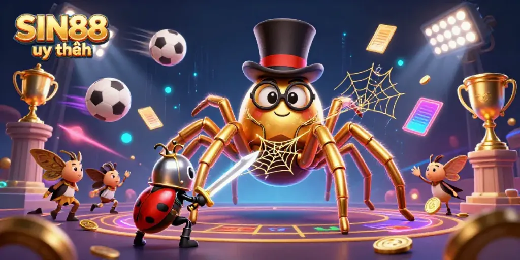 Experience exhilarating games at SIN88 uy tín, where a golden tarantula weaves excitement in a vibrant casino scene.