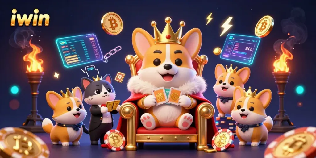 Engage in exciting gameplay with iwin, featuring royal corgi and neon crypto elements.