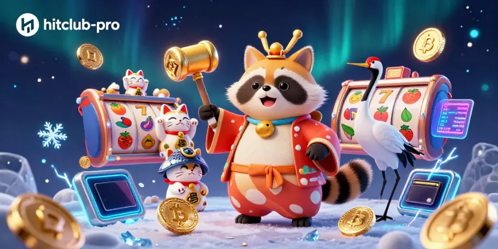 Engage with hitclub-pro's vibrant 3D casino scene featuring a cheerful tanuki, colorful fortune cats, and Bitcoin elements.