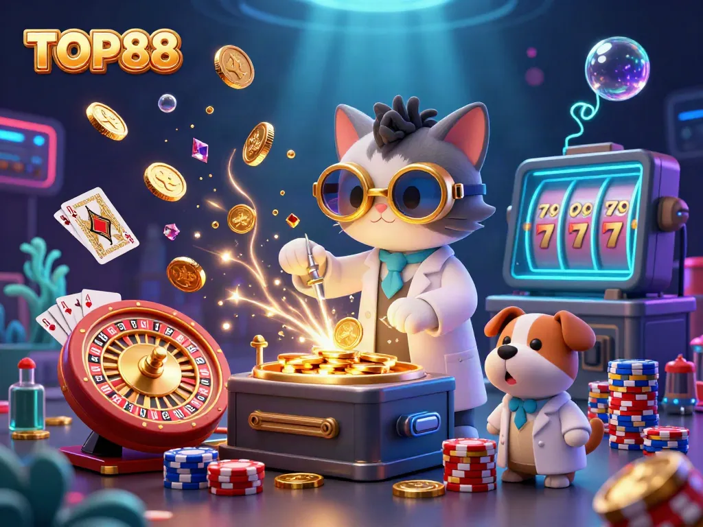 Engage in the excitement of TOP88 with a whimsical lab scene showcasing a mad scientist cat creating winning opportunities in a casino-inspired environment.