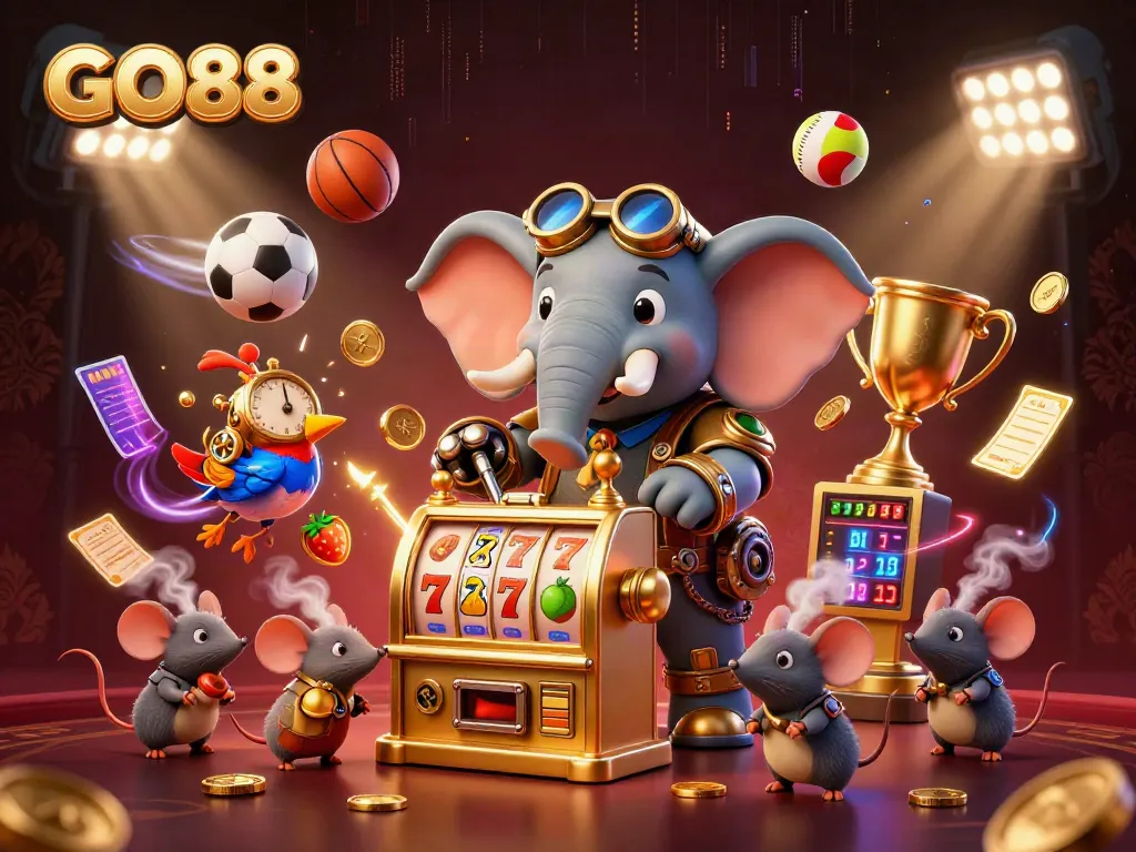 Engage with GO88's thrilling slots as the steampunk elephant pulls the lever, surrounded by vibrant game elements.