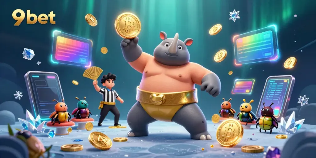 Experience the thrill of 9bet with a vibrant 3D casino scene featuring colorful coins and engaging cartoon characters.