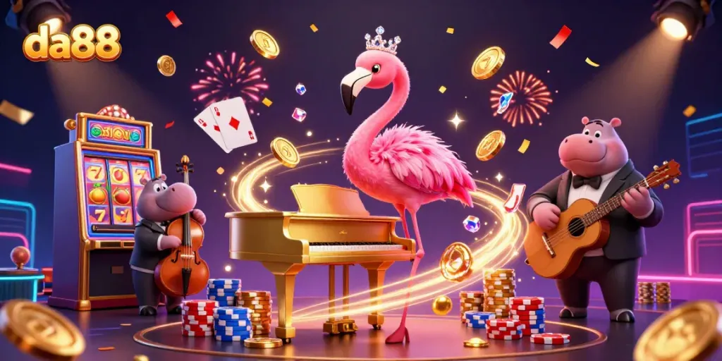 Experience the exciting world of da88 casino with vibrant characters, slot machines, and dynamic gameplay elements.