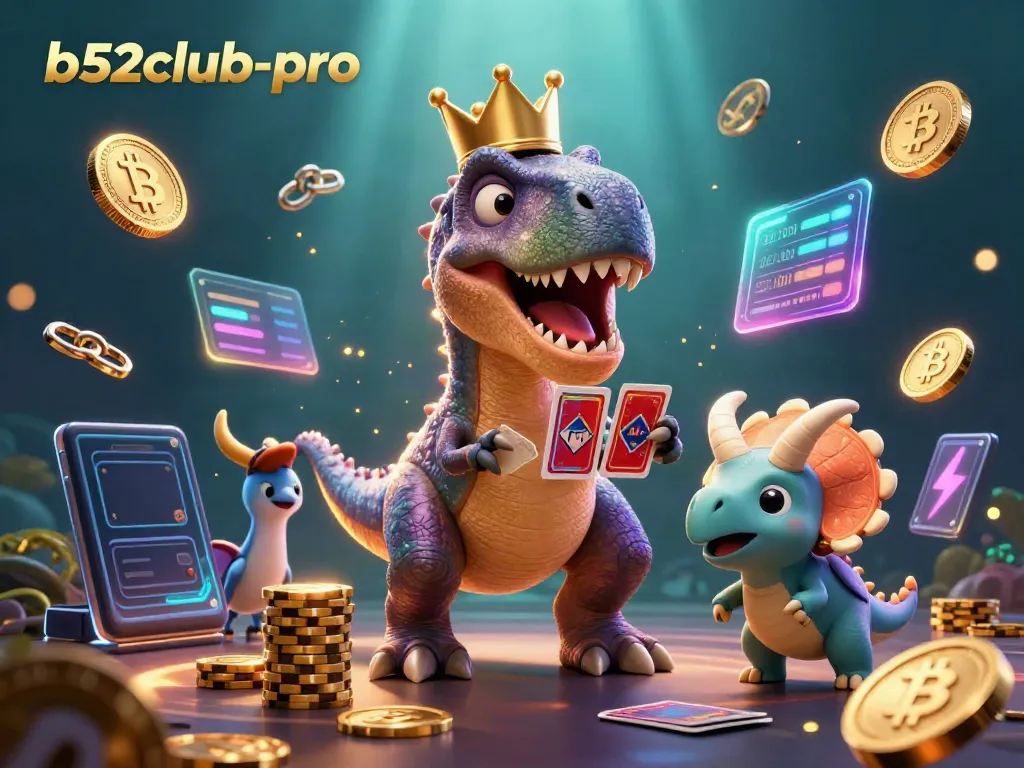 Engage in exciting gameplay at b52club-pro with a vibrant 3D cartoon scene featuring animated dinosaurs and crypto elements.