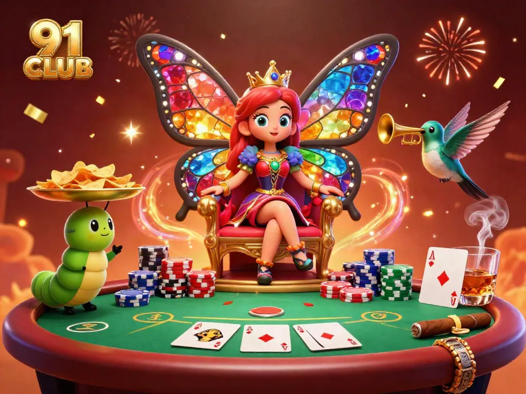 Engage with the vibrant atmosphere of 91 CLUB's online casino featuring a butterfly queen, poker chips, and magical elements.