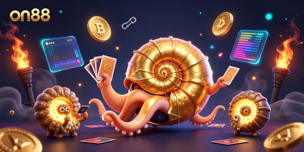 Experience thrilling gameplay at on88 with a vibrant 3D casino scene featuring a giant nautilus and crypto elements.