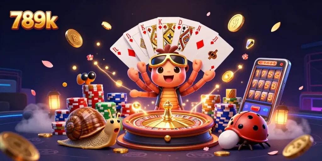 Experience the excitement with 789k as casino characters deal winning hands amid sparkling coins and vibrant game elements.