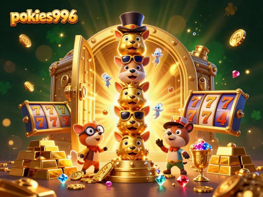 Players enjoying pokies996 with dynamic reels and colorful casino elements in a vibrant 3D scene.