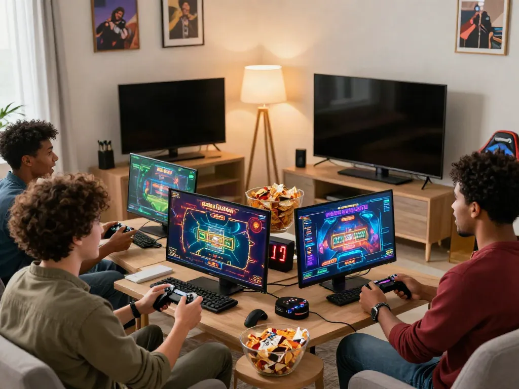 Friends enjoying an exciting online gaming session at home, embodying the spirit of nhà cái da88.