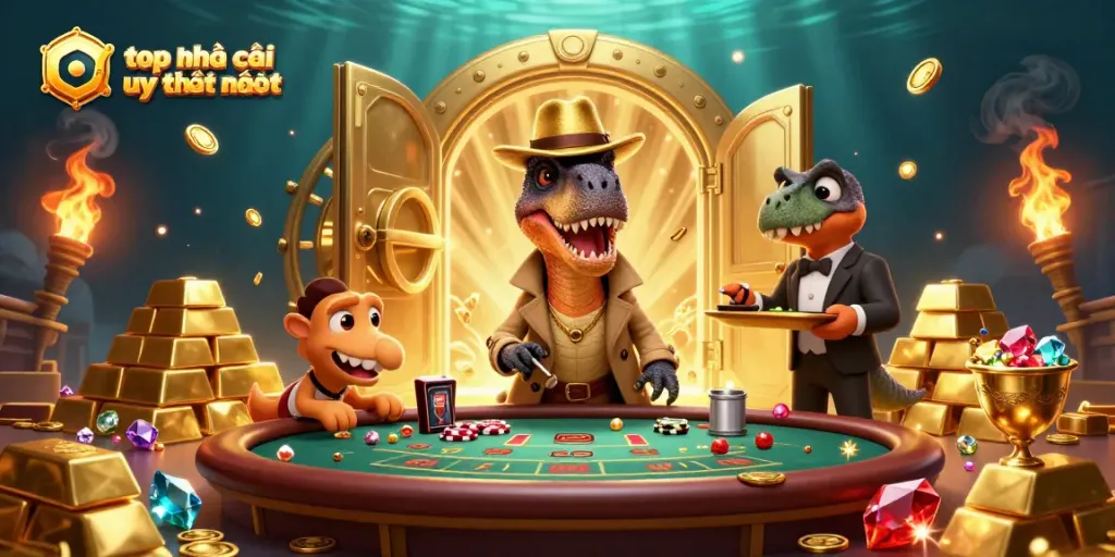 Experience thrilling moments with top nhà cái uy tín nhất in a vibrant 3D casino scene.