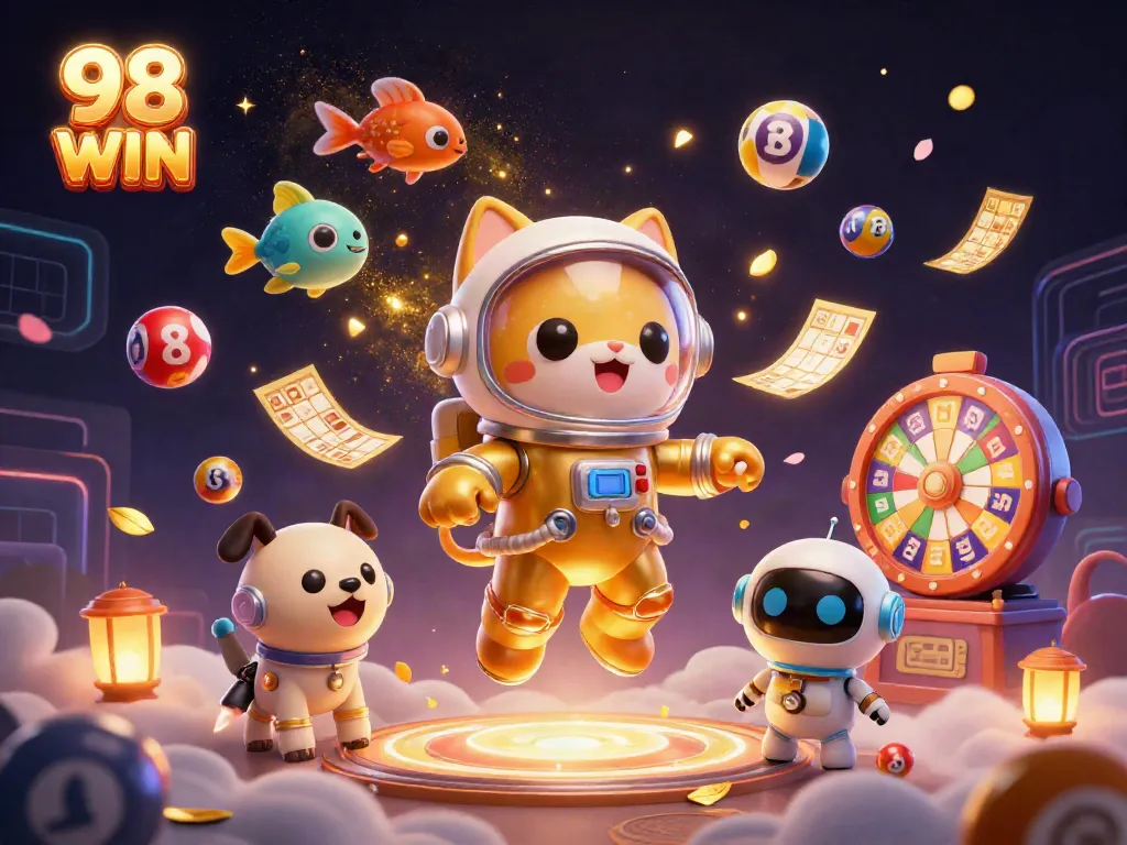 Engage with thrilling 98 WIN casino excitement featuring a floating space astronaut cat and dynamic lottery elements.