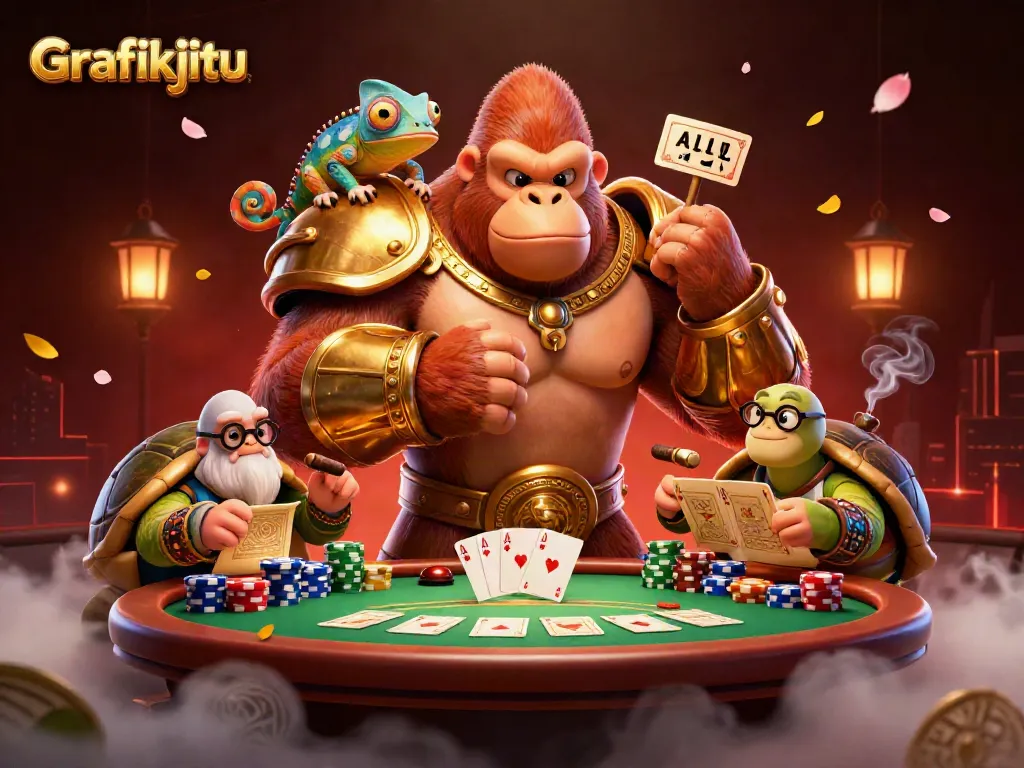 Grafikjitu illustrates a dynamic casino scene with a powerful gorilla, chameleon, and tortoise amid poker action.