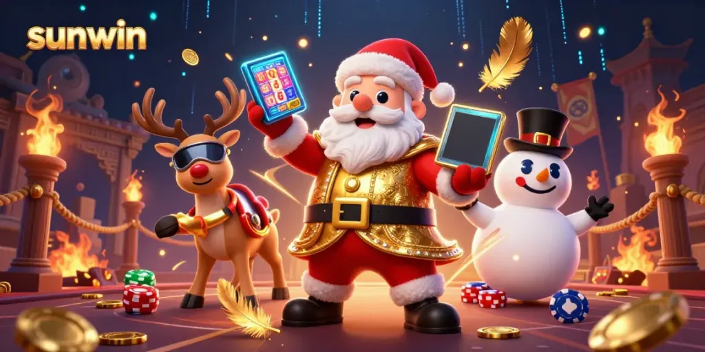 Experience the excitement of sunwin with Santa and friends in a vibrant casino scene showcasing jackpot slots.