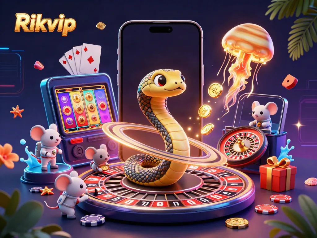 Rikvip-themed illustration with astronaut mice betting on a snake roulette, depicting vibrant casino energy.