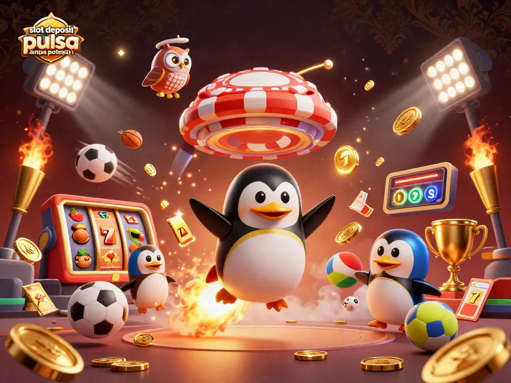 Experience the excitement of slot deposit pulsa tanpa potongan while a golden penguin navigates a vibrant casino galaxy.