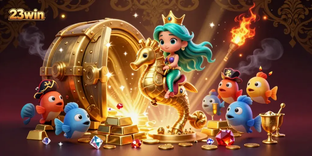 Experience the thrill of 23win with a vibrant 3D scene of a mermaid and seahorse surrounded by treasures.