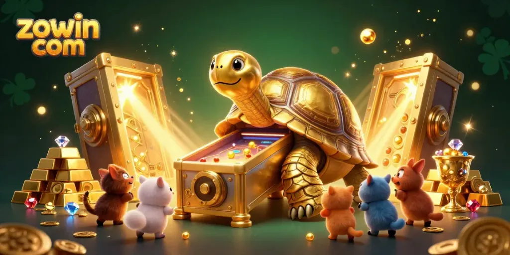 Experience thrilling gameplay at zowin com with a vibrant illustration of a golden tortoise pinball machine.