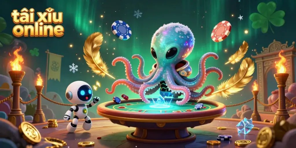 Experience thrilling gameplay with this illustrative scene of tài xỉu online featuring an alien octopus at a poker table.