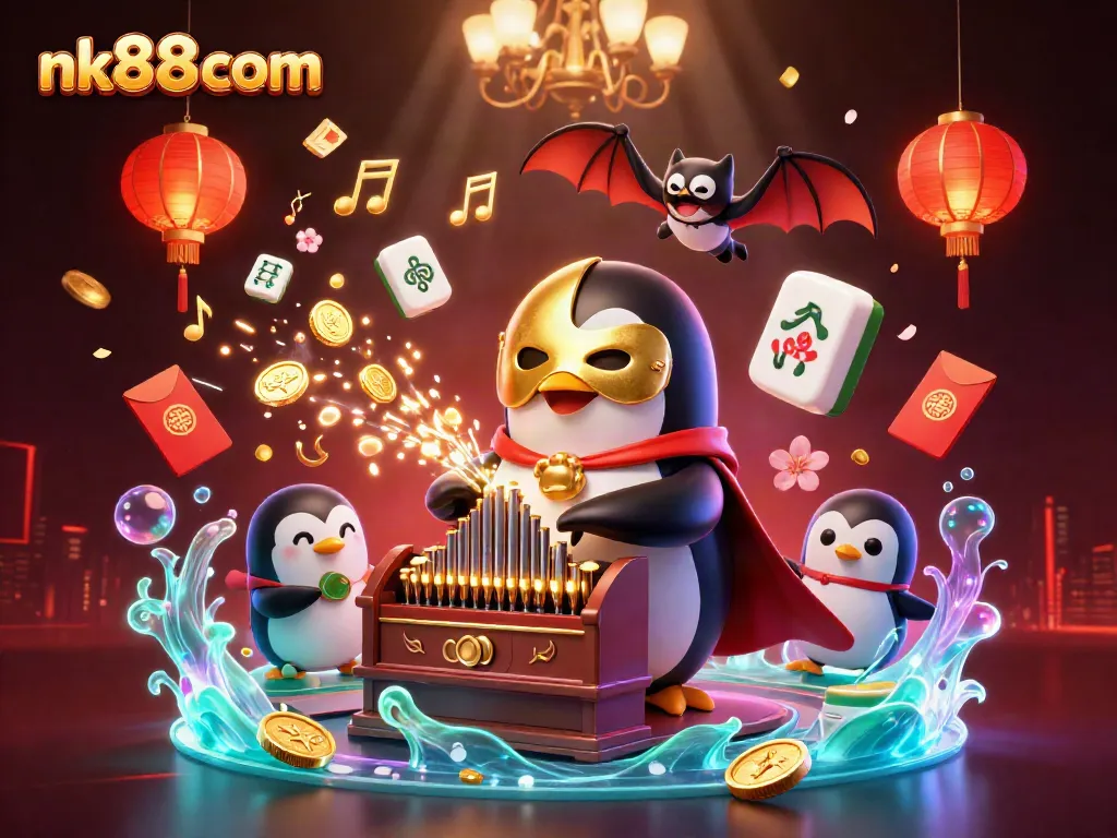 Engage with vibrant gaming visuals at nk88 com featuring a playful casino scene with a penguin and golden elements.