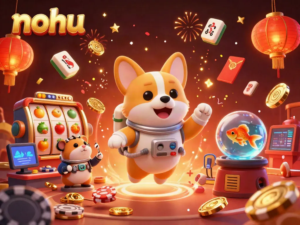 Catch the excitement of nohu slots with a lively illustration featuring a floating corgi, jackpot counters, and colorful elements!