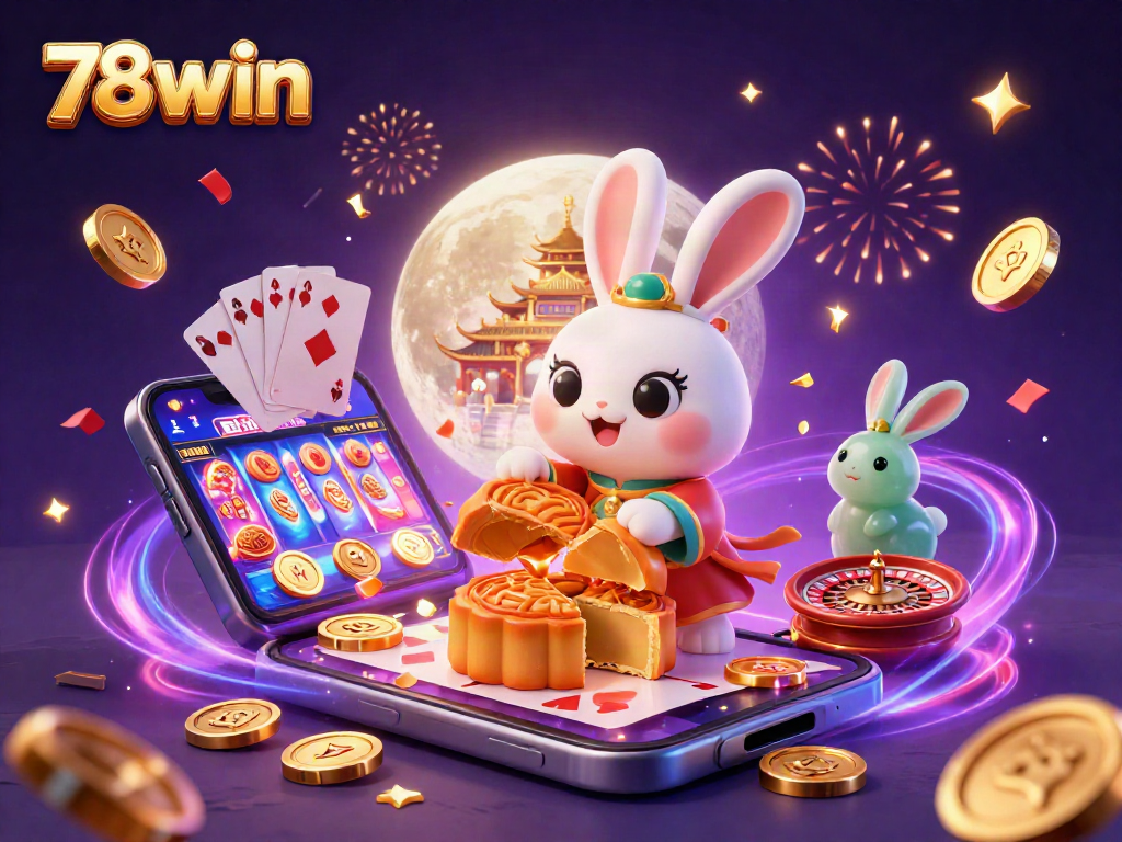 Experience the thrill of 78win with colorful casino elements and iconic characters in a dynamic lunar setting.