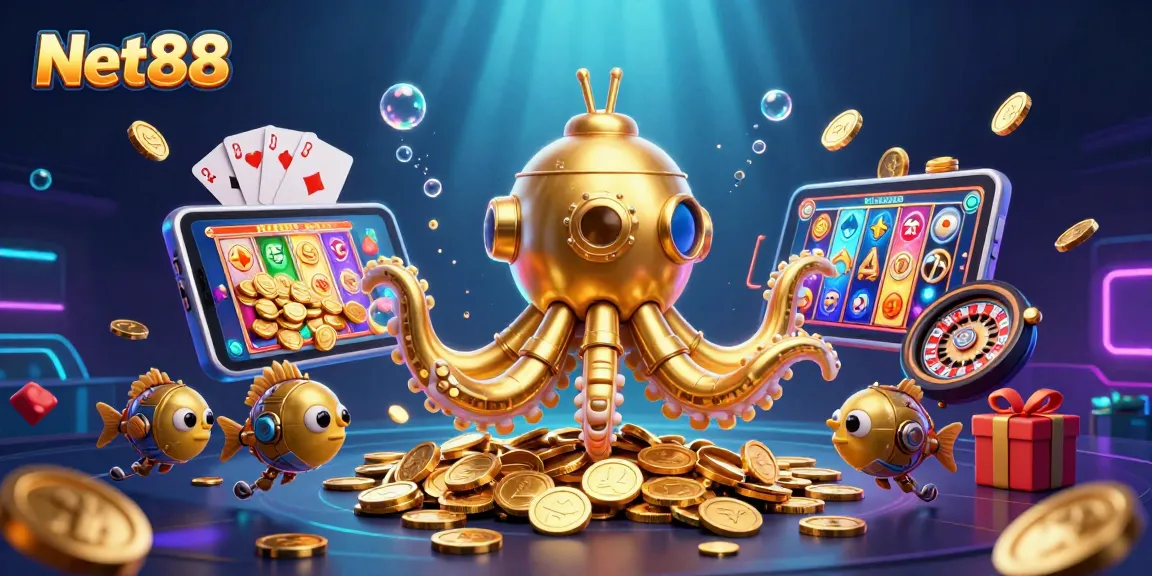 Engage with Net88 as a vibrant 3D scene showcases a kraken submarine amid golden coins and casino gaming elements.