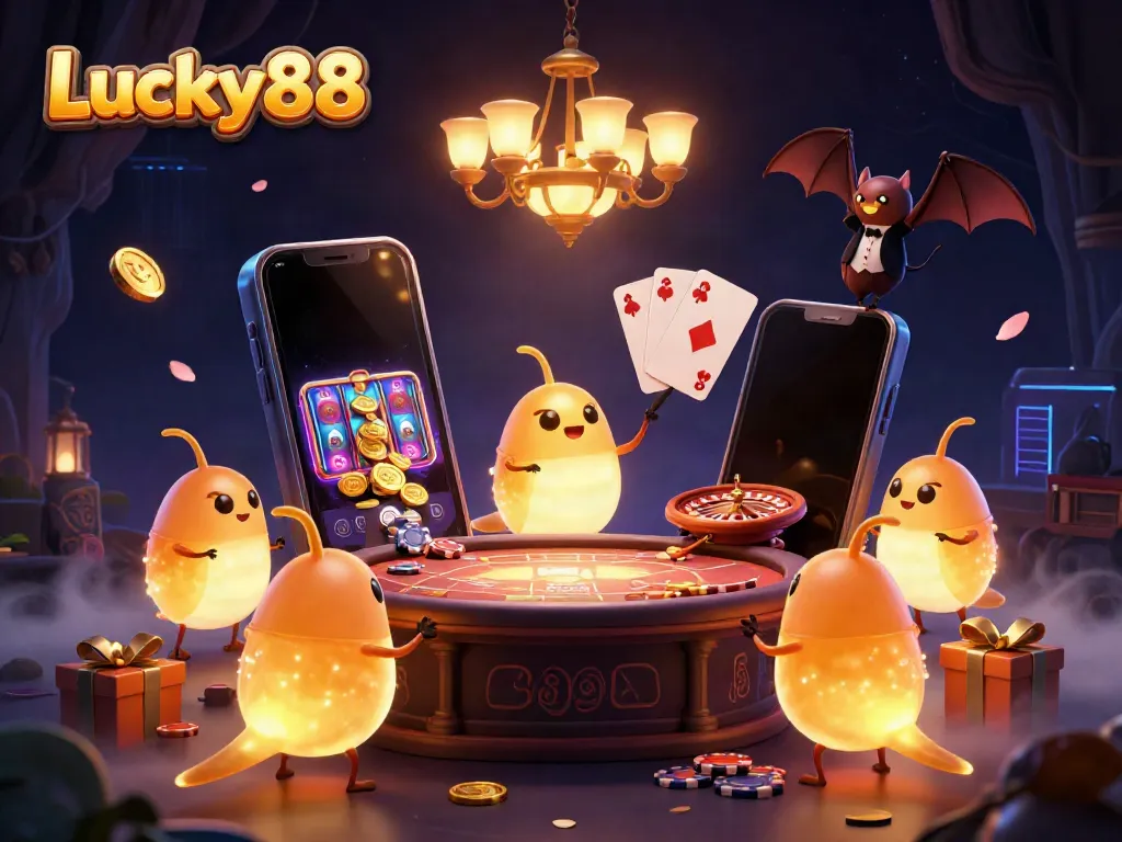 Experience thrilling gameplay with Lucky88's glowing game elements in a dynamic casino scene.