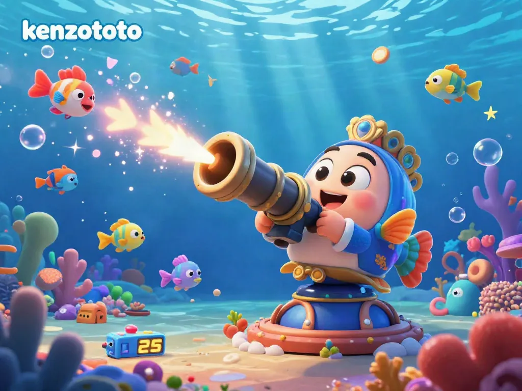 Engage with the kenzototo fish shooting game scene, showcasing vibrant sea creatures and an animated cannon.