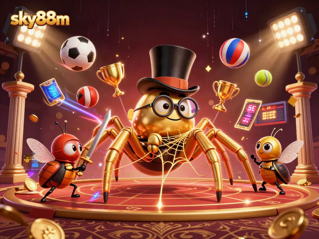 Join the excitement at Sky88m with a dynamic portrayal of casino action featuring a golden tarantula and beetle knight.