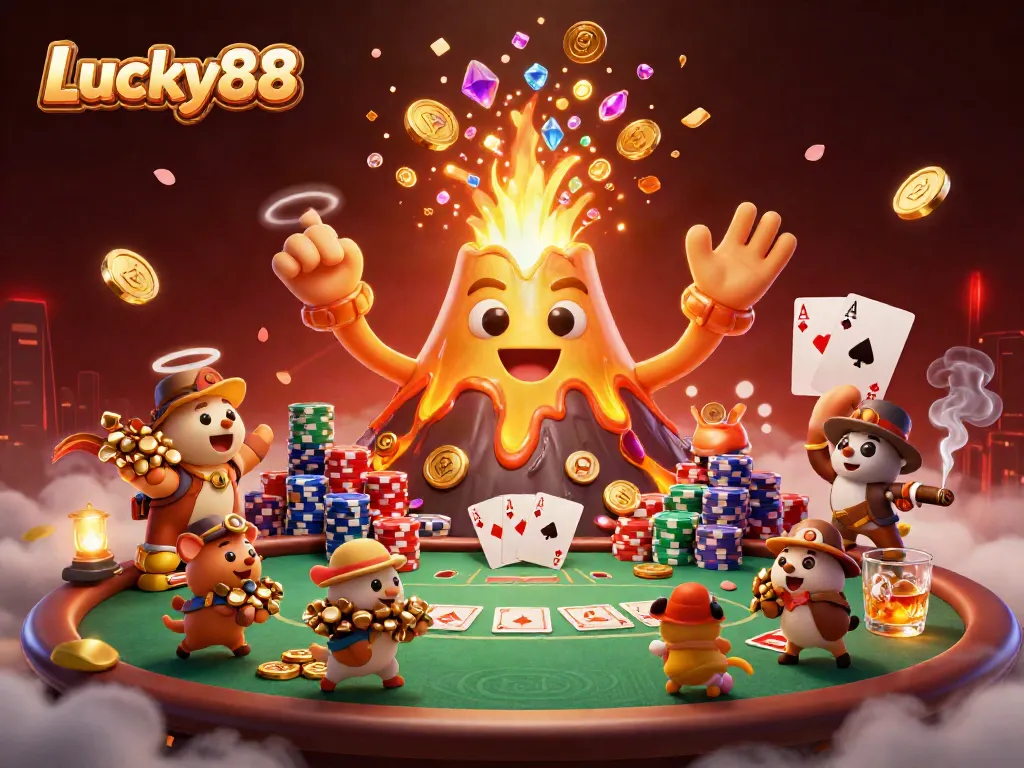 Experience thrilling wins at Lucky88 with a vibrant and dynamic online casino scene showcasing games and treasures.