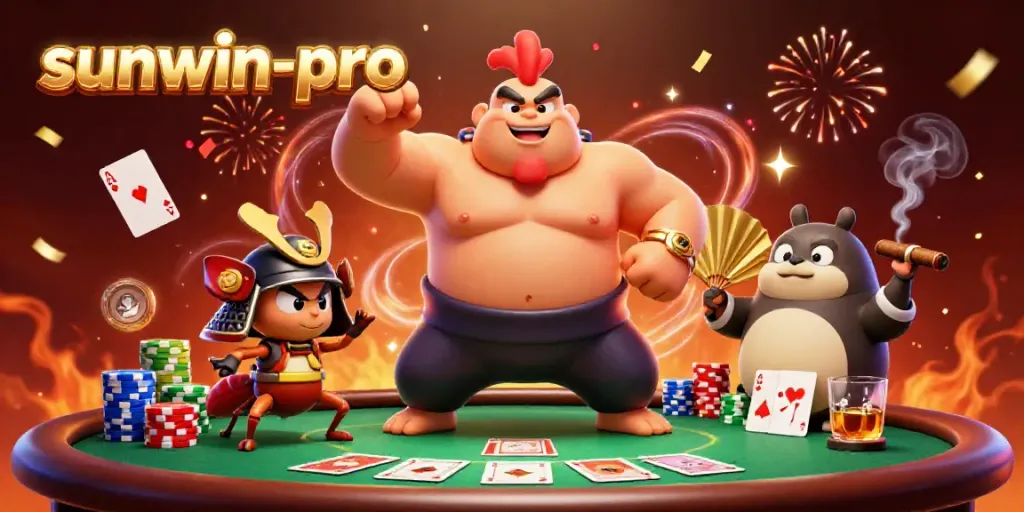 Sumo wrestler rooster stomps as a cricket challenges in a vibrant casino scene featuring sunwin-pro.