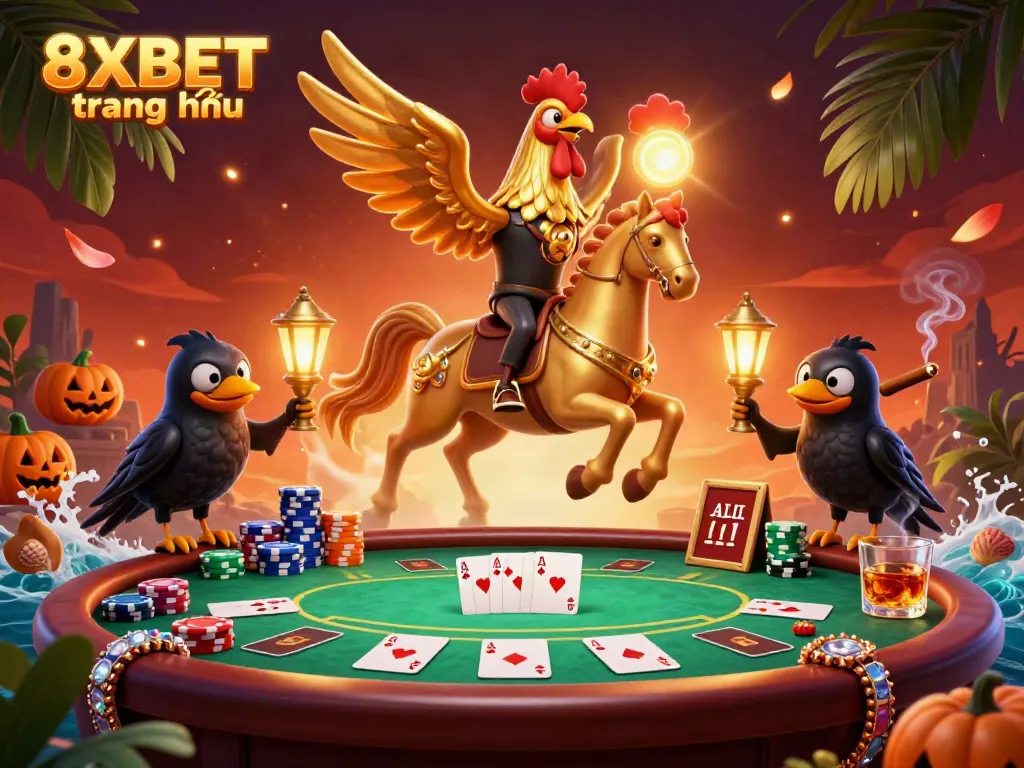 Engage with the vibrant energy of 8XBET trang chủ’s dynamic casino scene featuring a golden rooster and poker elements.