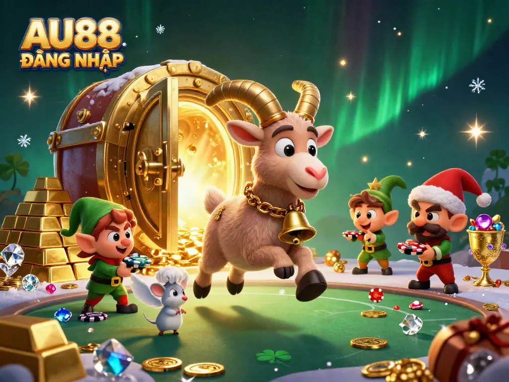 Experience the excitement at AU88 ĐĂNG NHẬP with a 3D festive casino scene, complete with characters and treasures.