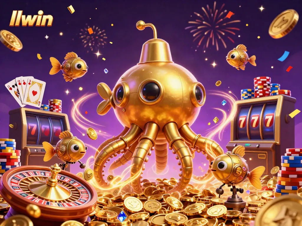 Engage with llwin's vibrant gaming landscape featuring a golden kraken submarine and dynamic casino elements.