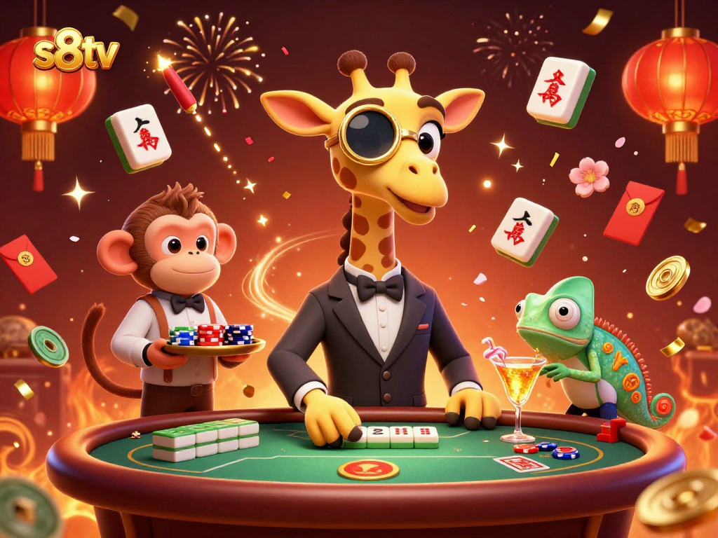 S8TV high-roller giraffe and monkey valet celebrate victory at a vibrant casino scene