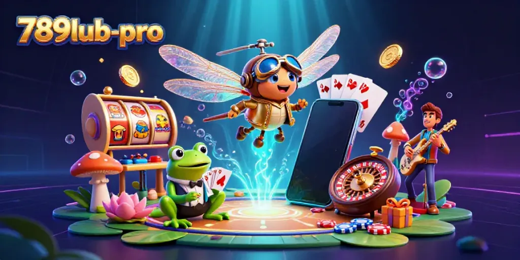Engage in thrilling gameplay at 789lub-pro with a vibrant casino scene featuring a dragonfly pilot and frog dealer.