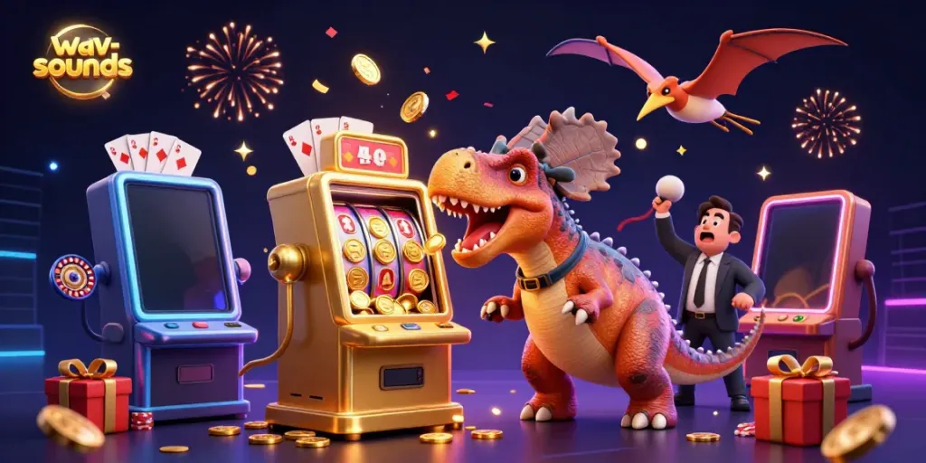 Momen menarik di BINGOSLOT88 saat pachycephalosaurus menghantam mesin slot, menghasilkan koin jackpot, disaksikan oleh manajer kasino dan pteranodon menangkap koin.