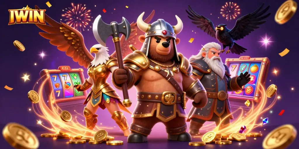 IWIN slot reels and golden coins surround a Viking bear and Valkyrie eagle, celebrating big wins.