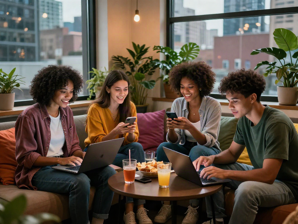 Engaging nsfw chat scene with friends in an urban lounge setting, showcasing vibrant interaction.